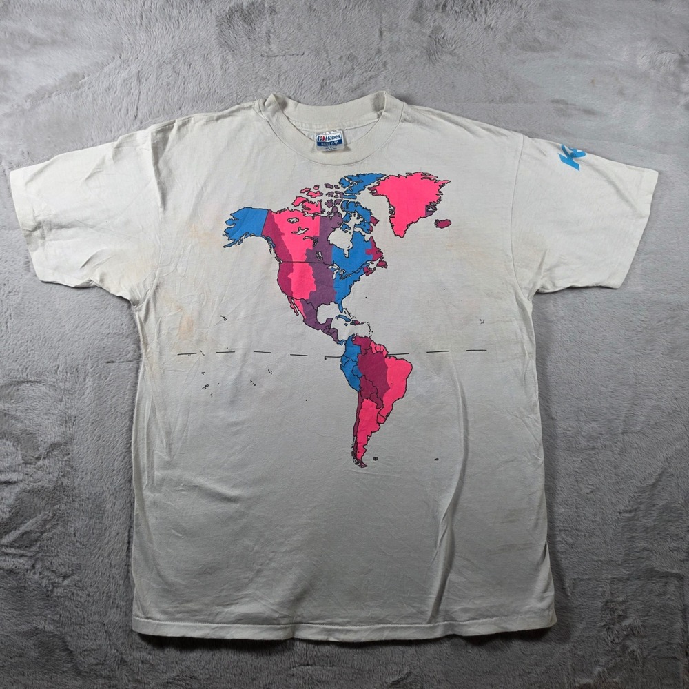 Hanes World Map Shirt Mens XL White Vintage‎ 80s Kent State Geography Time Zones